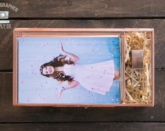 4x6 + USB Glass & Rose Gold Brass Proof Print Box Photographer Client Gift Flash Drive Delivery