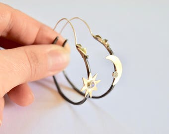Hoop Earrings Crescent Moon Star Moonstone Earrings Celestial Jewelry Moon Phase Jewelry Boho Jewelry Boho Earrings Modern Jewelry Talisman