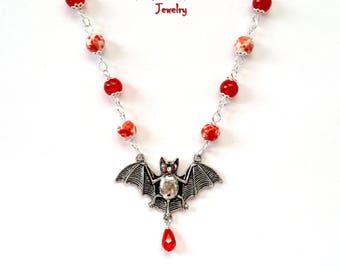 vampire bat beaded silver necklace