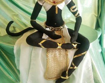 OOAK Cloth Art Doll, Handpainted, Handmade, Bastet, Egyptian Doll.