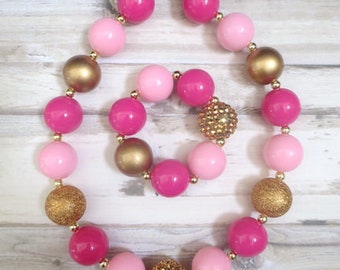 Pink Gold Toddler Necklace, Girl Necklace Set, Children Necklace, Girl Chunky Necklace, Baby Chunky Necklace, Girl Bracelet, Baby Bracelet