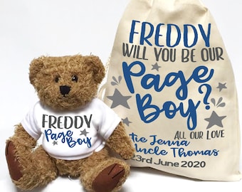 Will you be or page boy, personalised teddy bear wedding favour. Cute bear with matching cotton bag. Navy and stars.