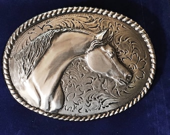Western Belt Buckle, Arabian Horse, 3.5 X 2.75 inch miror polished pewter buckle