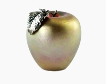 Vintage Grant Randolph Studios Art Glass Gold Aurene Apple with Silver Plate Leaf and Butterfly Accent