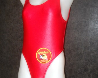 Baywatch style swimsuit with Baywatch logh In red wet look spandex