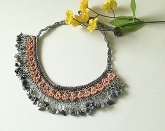 Beaded Necklace, Fiber Boho Necklace, Crochet Necklace, Fiber Art, Unique Gift Idea, Gift For Her