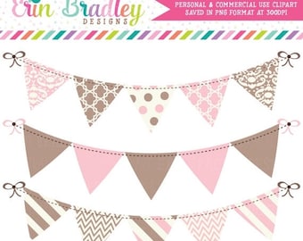 80% OFF SALE Pink and Brown Bunting Banner Flag Clipart Clip Art Set Personal & Commercial Use