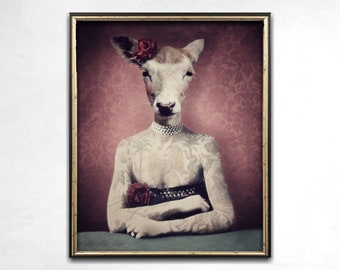 Deer Print, Animal Art, Weird Art, Quirky Art, Photo Prints, Human Animals, Tattoo Print, Tattoo Art, Funny Art, Wall Art, Alternative Art