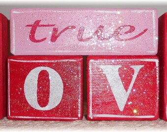 Valentine True Love Blocks Wood Set Pink And Red With Glitter