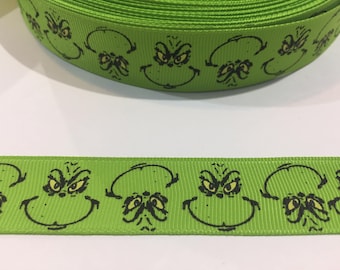 3 Yards of 7/8" Ribbon - Green Face of The Grinch Who Stole Christmas