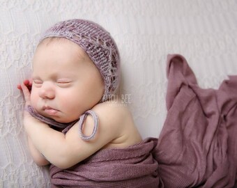 Purple Alpaca Knit Bonnet, Newborn Bonnet, Photo Prop, Newborn Hat, Newborn Photo Prop, Alpaca Hat, Photography Prop,Baby Bonnet,Newborn Hat