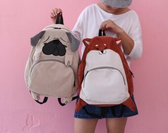 Pug Shiba Inu Back Pack Bag Corduroy Kawaii Cute School Work Rucksack A4 Padded