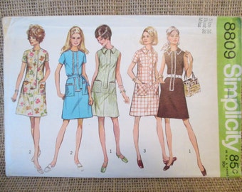 Vintage 1970's Simplicity Sewing Pattern 8809 Misses Jiffy Dress, Simple To Sew