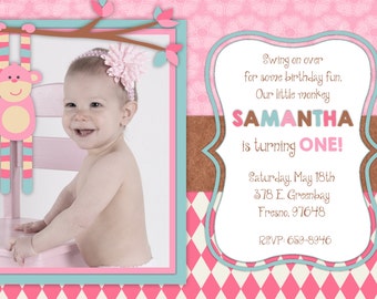 Pink Sock Monkey Girl Birthday Invitation