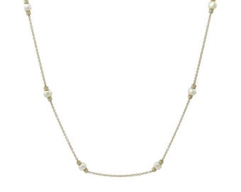 14K Gold Long Chain Necklace Baroque Cultured Pearls & Diamonds