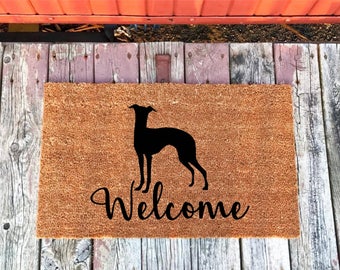 2 Sizes - Greyhound - Whippet - Italian Greyhound - Welcome Mat - Coir Door Mat - Doormat - 18 x 30 & 24 x 36 - Housewarming Gift