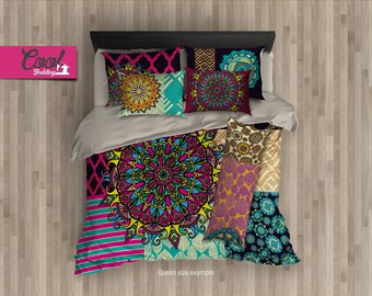 Bohemian Pattern Bed Set, Mandala Beddings, King Queen Full Bed Set, Mandala Pattern Bedding Set 17