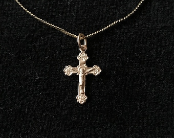 14k Gold Necklace, 15" Chain, Crucifix Pendant