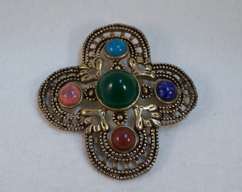 1960's Fashion Maltese Cross Brooch with Simulated Semi Precious Stones