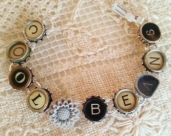 Cool Beans Typewriter Key Bracelet, Silver Bracelet, Antique Black and White Typewriter Keys, Gray Resin Flower, Upcycled Cool Beans Jewelry