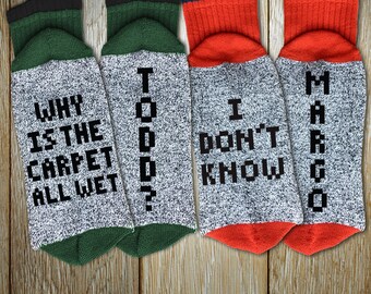 Couples Socks Holiday Set "Why Is The Carpet All Wet Todd - I Don't Know Margo" Unisex Thermal Crew Socks for Christmas, Ugly Sweater Party