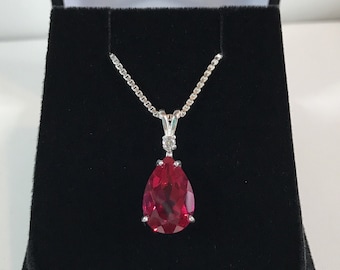 Beautiful 4.5ct Ruby & White Sapphire Sterling Silver Pendant Necklace Pear Cut Ruby Necklace teardrop July Gift Mom Fiancé ladies jewelry