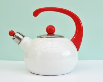 Vintage Retro 60s Whistling Kettle Stove Top Red White Enamel Camping Campervan