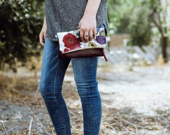 Flowers, Floral, Floral Clutch, Floral Purse, Clutch Handbag, Leather Clutch, Foldover Clutch, Fold Over Clutch, Bridesmaid Gift, Clutch