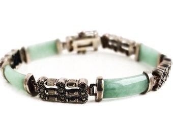 Vintage Jade Bracelet - Sterling Silver Marcasite Jade Link 7” Bracelet
