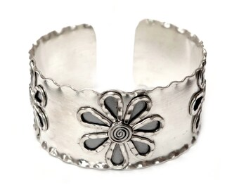 Floral Wide Sterling Silver Cuff Bracelet, Handmade Art Solid Silver Bohemian Statement Cuff Bracelet, adjustable, Semi Shiny finish