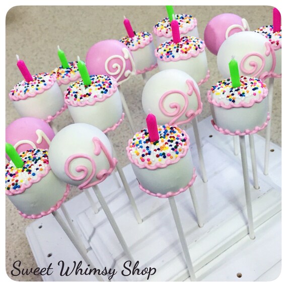 Items similar to 24 21st Birthday Cakes & Number Cake Pops with pink piping, real candles ...