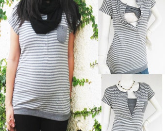 KARA Maternity Clothes, Nursing Top Breastfeeding Top NEW Original Design GREY Stripe Pregnancy Nursing Clothes