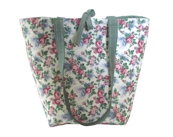 Floral Tote Bag, Cloth Purse, Pink Roses, Purple Lilacs, Handmade Handbag, Ivory Fabric Bag, Flowers, Shoulder Bag
