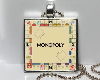 Vintage MONOPOLY charm necklace Game Board Boardwalk Park Place Go To Jail Altered Art GLASS Pendant