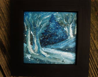 Mini oil painting/landscape/4x4/night/snow/winter