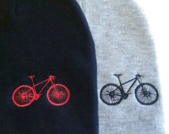 MOUNTAIN BIKE Knit Beanie winter hat, embroidered red bike on warm black cap