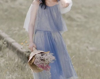 L'amant Collection fairy light blue yarn petal top and skirt
