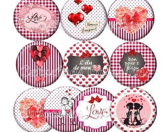 Set of 10 cabochons 18mm glass, Love, hearts, Valentine Ref ZC170