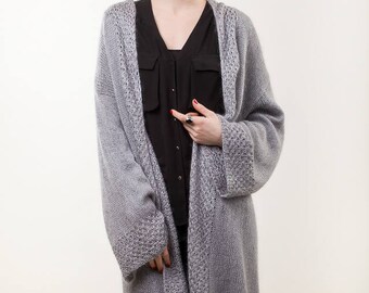 Grey knit cardigan, Chunky cardigan, Mohair cardigan, Knit oversized cardigan, Longline women cardigan, Oversized sweater, Wool cardigan