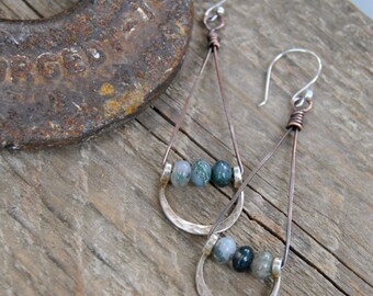 Silver Dangle Earrings, Artisan Earrings, Moss Agate Earrings, Hand Forged Jewelry, Bohemian Jewelry
