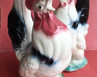 Rare Black and White Royal Copley Chickens / Hen and Rooster Ceramic Figurines