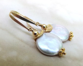 Pearl Earrings, White Pearl Earrings, Gold Earrings, White Coin Pearl Earrings, White Gold Earrings, June Birthstone - Bali Moon