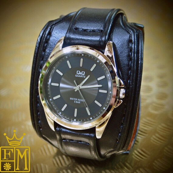 Leather cuff watch layered Black band cuff Bracelet style Handmade for YOU in USA by Freddie Matara
