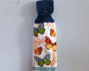 Hanging Kitchen Towel Crochet Top Double Layered Towel Live Laugh Love Butterflies