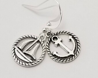 Nautical Earrings, Anchor Earrings, Sailing Earrings, Mismatched Earrings, Sailboat Earrings, Nautical Jewelry, Summer Earrings