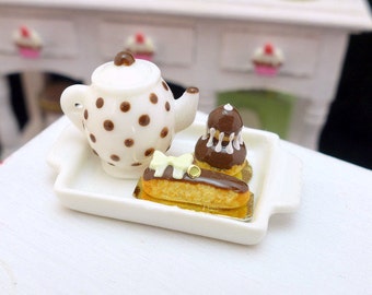 MTO-Tea Tray Set with French Pastries - Chocolate - 12th Scale Miniature Food