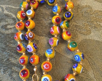 Italian Millefiori Venetian glass bead necklace Gold Murano glass bead 17" necklace