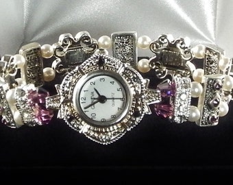 Amethyst and Pearl Stretch Watch with Swarovski Crystals