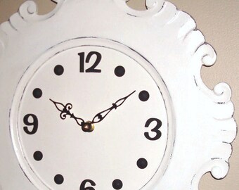 Black and Cream Wall Clock Large Wall Clock Cottage Chic Distressed Unique Wood Wall Clock Wall Decor - 2331
