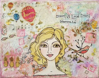 Dream, 8x10 Mixed Media Collage painting, Faith, Colossians 3:2, Big Eyes, Christian Art, Bible Verse, God, Ready to frame/hang, SHIPS FREE!
